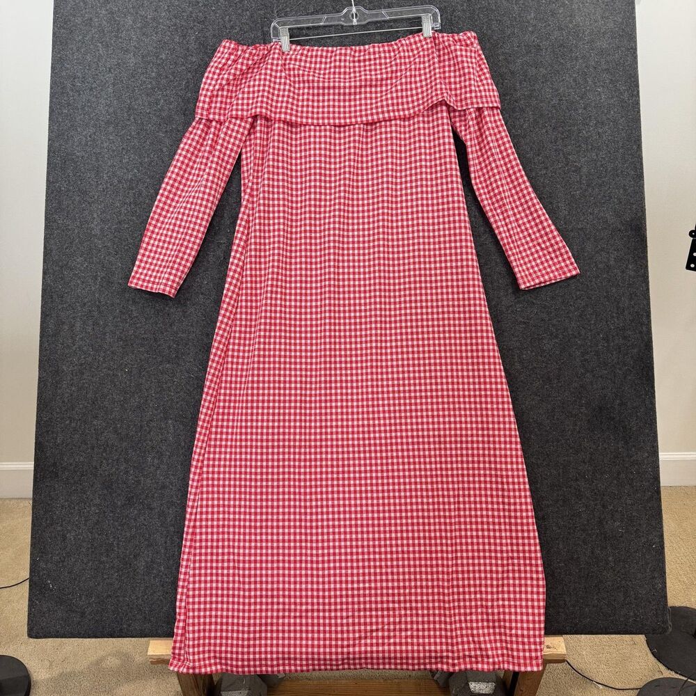 English Factory Anthropologie Dress Womens 2X Red Gingham Off Shoulder Midi